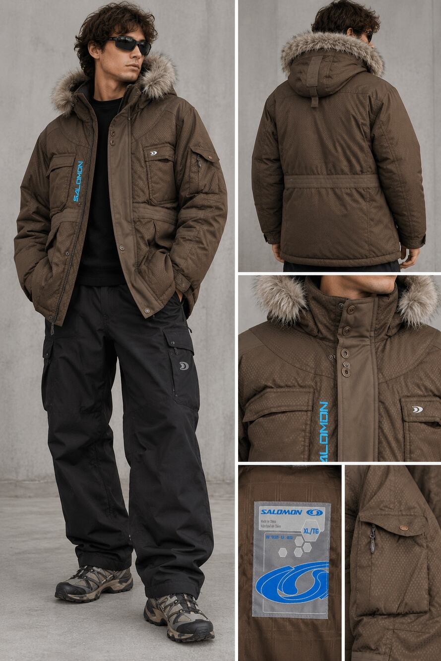 Salomon XL Brown Insulated Ski Jacket Faux Fur Hood Gorpcore Y2K Utility Coat